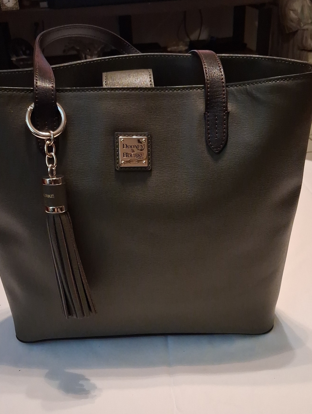 Dooney & Bourke Olive Green Leather Tote with Tassel Accent